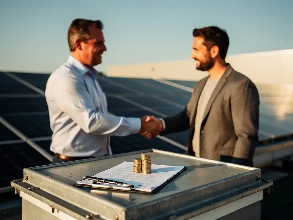 KMO-eigenaar schudt hand met energieprojectontwikkelaar bij rooftop zonne-installatie, contract op clipboard met eurocenten, geen voorschot