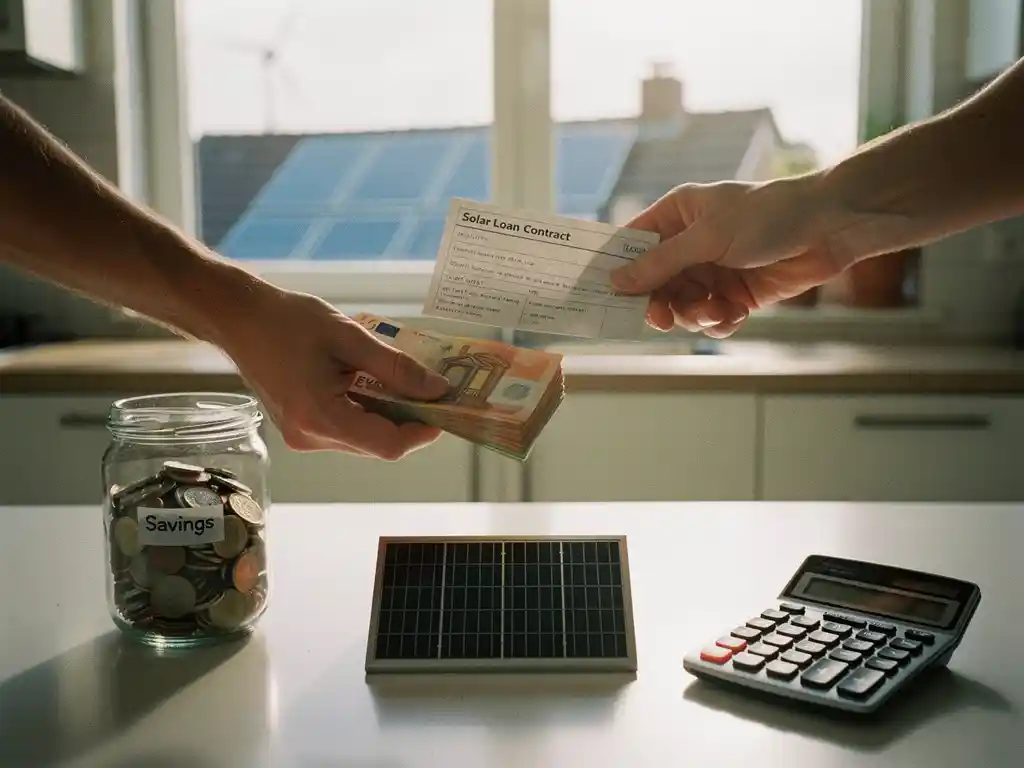 Handen met eurobiljetten en leningcontract bij mini-zonnepaneel, pot munten en rekenmachine; zonne-energie financiering