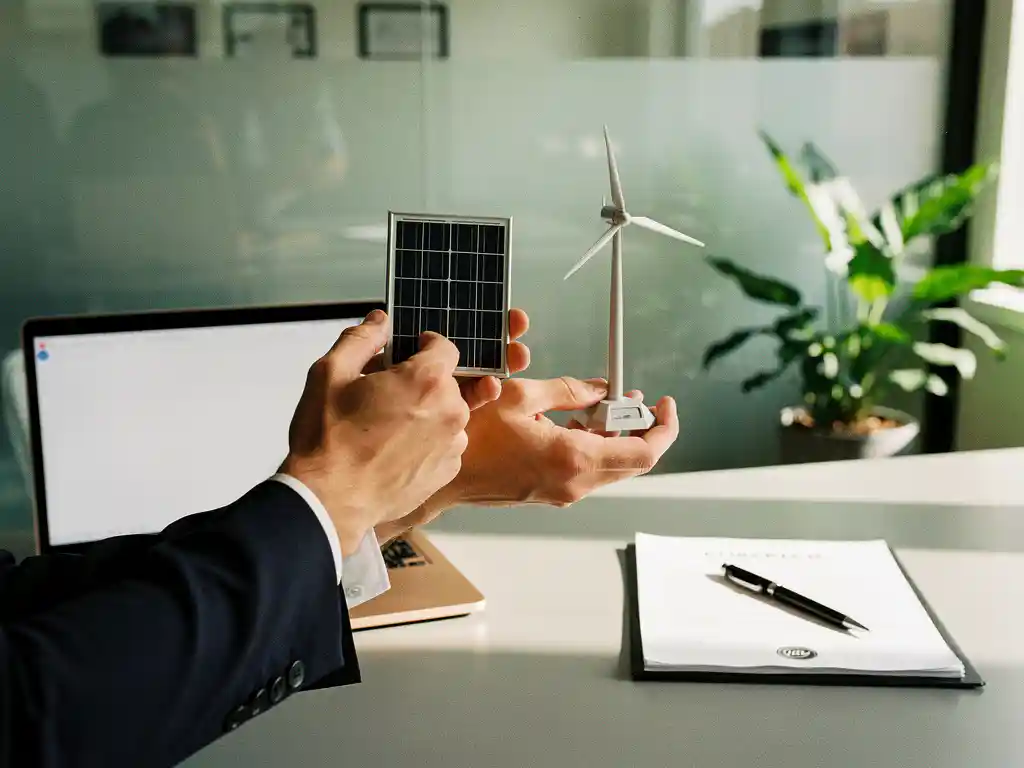 Handen van ondernemer met zonnepaneel en windturbine op bureau met laptop en contract, duurzame energie in kantoorlicht