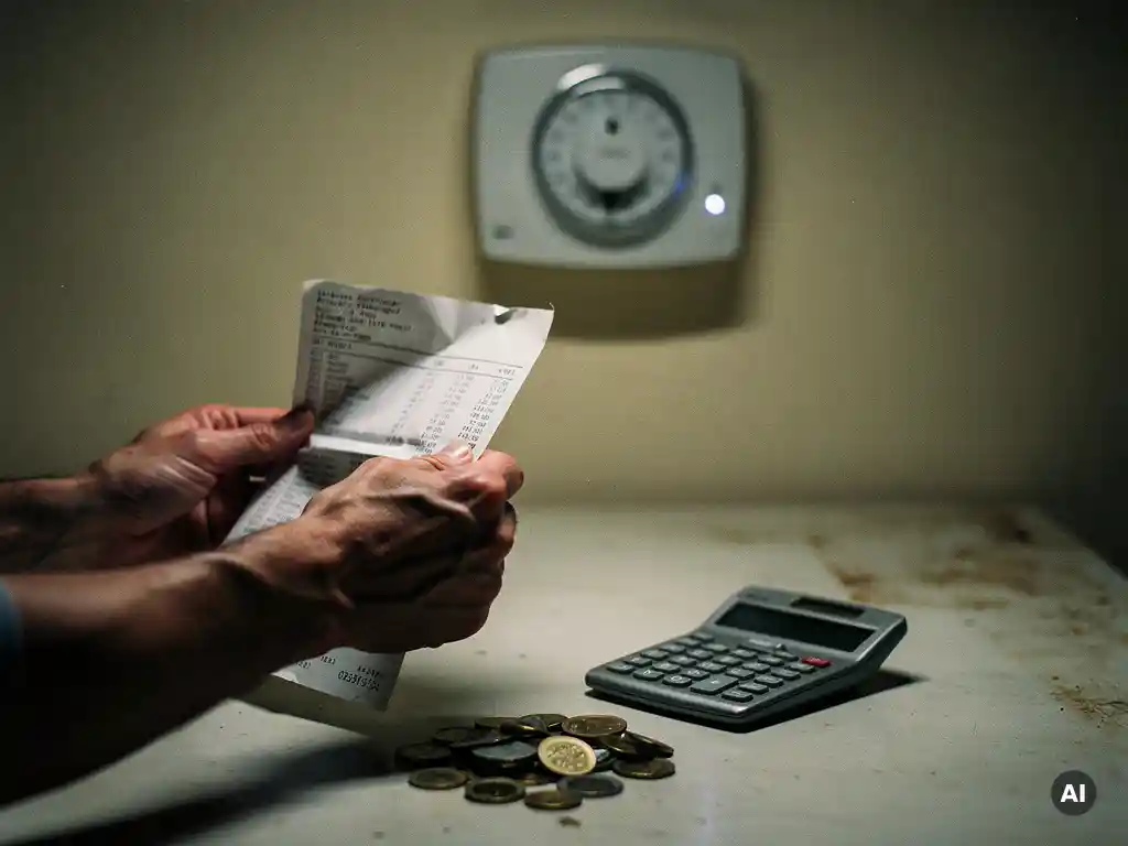 Bezorgde huiseigenaar houdt een hoge elektriciteitsfactuur vast, met slimme meter, euro’s en rekenmachine op tafel.