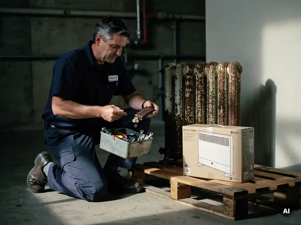 Facility manager knielt bij roestige radiator met toolbox en munten, nieuwe elektrische verwarming in doos op pallets in utiliteitsruimte