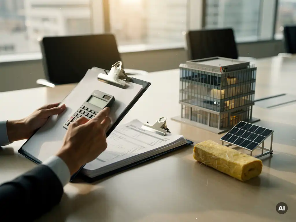 Facilitair manager met clipboard en rekenmachine bij kantoorbouwmodel, zonnepanelen, isolatie en financieringsdocumenten op tafel
