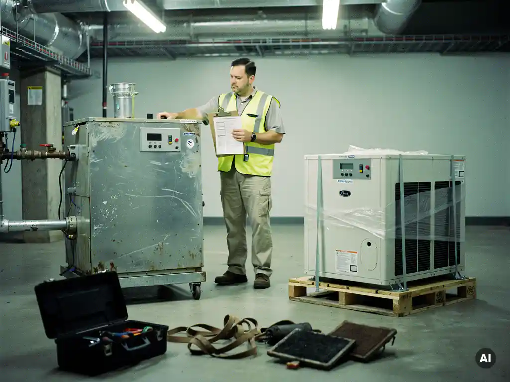 Facilitair manager inspecteert oude en nieuwe HVAC-unit in ketelruimte, met onderhoudschecklist en gereedschap op vloer