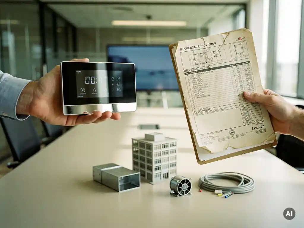 Facility manager houdt HVAC-thermostaat en renovatieplannen met kostenschatting boven vergadertafel met kantoormodel en onderdelen