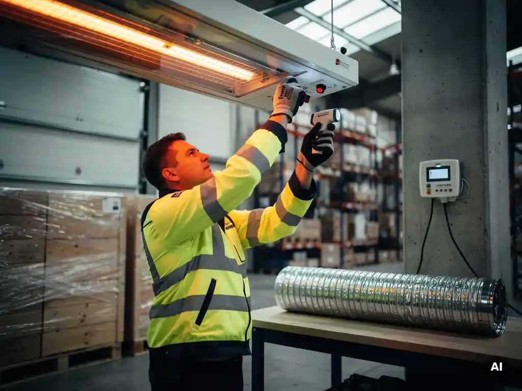 Magazijnbeheerder stelt plafondstraler af met infraroodthermometer in industrieel magazijn, met geïsoleerde sectionaaldeur.