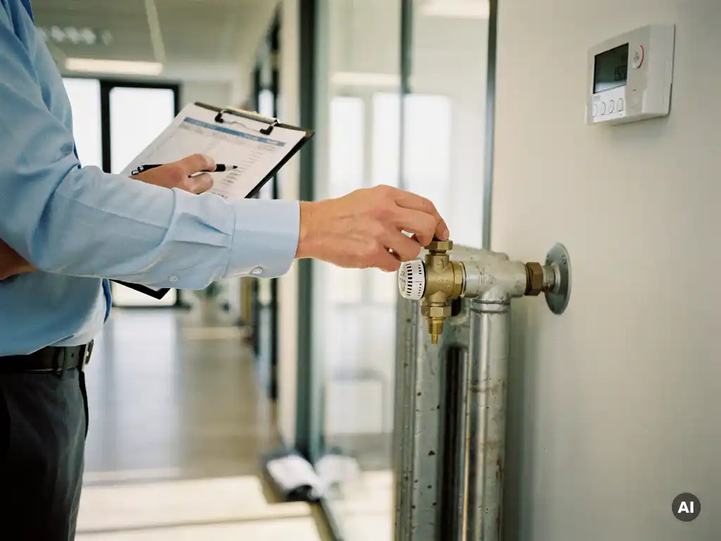 Facility manager stelt radiatorkraan af met clipboard; digitale thermostaat in moderne kantoorhal, energiebesparing zichtbaar.