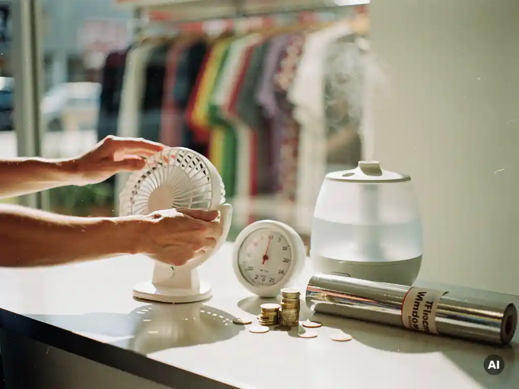 Winkelier richt draagbare ventilator naar ingang; thermometer toont comfortabel, met humidifier en raamfolie kit als budget tips